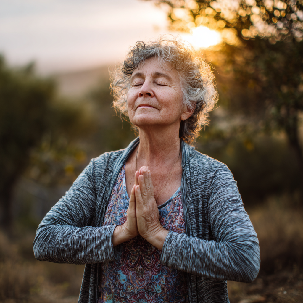 Peaceful middle-aged Ukrainian woman practicing yoga meditation outdoors in natural setting with serene expression