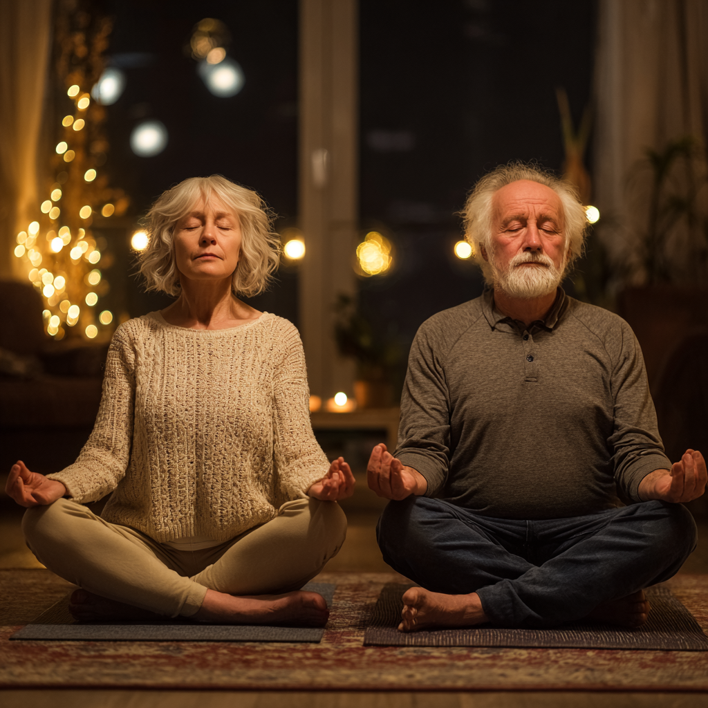 Senior Ukrainian man practicing gentle yoga stretches on a yoga mat in bright natural indoor space with plants
